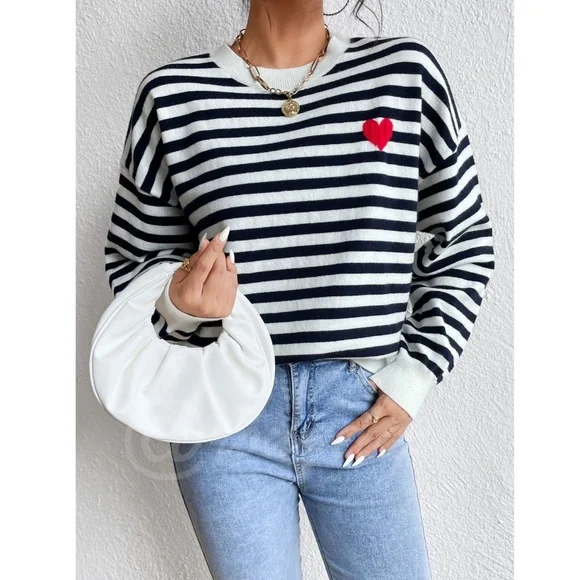 Striped Navy and White with Red Heart Pullover Knit Sweater Crewneck - Picture 7 of 9